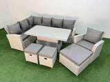 Fimous 10 Seat Rattan Outdoor Garden Furniture Corner Sofa Set Adjustable Lifting Dining or Coffee Table Set with 3 Footstools Light Grey