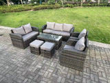 Fimous 9 Seater Dark Grey PE Wicker Rattan Garden Furniture Set Reclining Chair Love Seat 3 Seater Sofa Set Outdoor Rectangular Coffee Table Stools