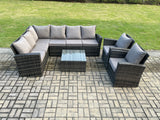 Fimous Rattan Garden Furniture Set Outdoor Lounge Corner Sofa Set With Square Coffee Table 2 Armchairs 8 Seater Dark Grey Mixed