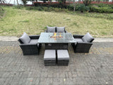 Fimous Rattan Outdoor Furniture Gas Fire Pit Rectangle Dining Table Gas Heater Chairs Two Seater Love Sofa Sets Footstools 6 Seater