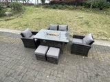 Fimous Rattan Outdoor Furniture Gas Fire Pit Rectangle Dining Table Gas Heater Chairs Two Seater Love Sofa Sets Footstools 6 Seater