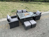 Fimous Rattan Outdoor Furniture Gas Fire Pit Rectangle Dining Table Gas Heater Chairs Two Seater Love Sofa Sets Footstools 6 Seater