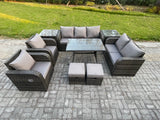 Fimous Outdoor Rattan Garden Furniture Set 9 Seater Patio Lounge Sofa Set with Dining Table 2 Small Footstools 2 Side Tables Dark Grey Mixed