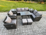 Fimous Outdoor Rattan Garden Furniture Set 9 Seater Patio Lounge Sofa Set with Dining Table 2 Small Footstools 2 Side Tables Dark Grey Mixed