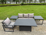 Fimous Aluminium Garden Furniture Set 5 Piece Aluminium Lounge Seating Adjustable Rising Lifting Dining Table Set with Cushions 2 Side Tables Dark Grey