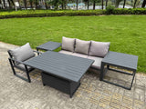 Fimous Aluminium Garden Furniture Set 5 Piece Aluminium Lounge Seating Adjustable Rising Lifting Dining Table Set with Cushions 2 Side Tables Dark Grey