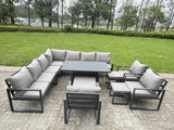 Fimous L-shaped Garden Furniture Set 13-Seater Aluminium Outdoor Dining Set with Adjustable Rising Lifting Dining Table 3 Footstools 3 Chairs Dark Grey