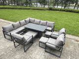 Fimous L-shaped Garden Furniture Set 13-Seater Aluminium Outdoor Dining Set with Adjustable Rising Lifting Dining Table 3 Footstools 3 Chairs Dark Grey