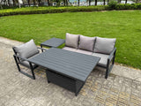 Fimous Aluminium Garden Furniture Set 4 Piece Aluminium Lounge Seating Adjustable Rising Lifting Dining Table Set with Cushions Side Table Dark Grey