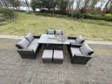 Fimous Rattan Outdoor Furniture Gas Fire Pit Rectangle Dining Table Gas Heater Chairs Two Seater Love Sofa Sets Footstools 8 Seater