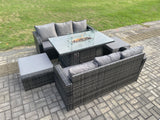 Fimous Garden Patio Furniture Wicker Rattan Gas Fire Pit Table and Sofa set with 2 Big Footstool