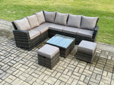 Fimous 8 Seater Outdoor Furniture Garden Dining Set Rattan Corner Sofa Set with Square Coffee Table 2 Small Footstools Dark Grey Mixed