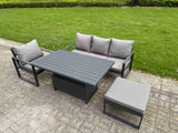 Fimous Aluminium Garden Furniture Set 4 Piece Aluminium Lounge Seating Adjustable Rising Lifting Dining Table Set with Cushions Big Footstool Dark Grey