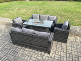 Fimous Rattan Outdoor Garden Furniture Sofa Set Gas Fire Pit Dining Table Gas Heater with 3 Seater Sofa Recling Chair 8 Seater Dark Grey Mixed