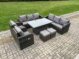 Fimous Rattan Outdoor Garden Furniture Sets Height Adjustable Rising lifting DiningTable Sofa Set with Reclining Chair 2 Small Footstools Dark Grey Mixed