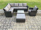Fimous Rattan Garden Furniture Set Outdoor Lounge Corner Sofa Set With Square Coffee Table Big Footstool Armchair 8 Seater Dark Grey Mixed