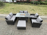 Fimous Rattan Outdoor Furniture Gas Fire Pit Rectangle Dining Table Gas Heater Chairs Two Seater Love Sofa Sets Big Footstools 7 Seater