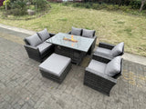 Fimous Rattan Outdoor Furniture Gas Fire Pit Rectangle Dining Table Gas Heater Chairs Two Seater Love Sofa Sets Big Footstools 7 Seater
