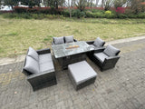 Fimous Rattan Outdoor Furniture Gas Fire Pit Rectangle Dining Table Gas Heater Chairs Two Seater Love Sofa Sets Big Footstools 7 Seater
