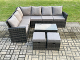 Fimous 8 Seater Outdoor Furniture Garden Dining Set Rattan Corner Sofa Set with Rectangular Coffee Table 2 Small Footstools Dark Grey Mixed