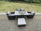 Fimous Rattan Outdoor Furniture Gas Fire Pit Rectangle Dining Table Gas Heater Chairs Two Seater Love Sofa Sets Big Footstools 5 Seater