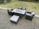 Fimous Rattan Outdoor Furniture Gas Fire Pit Rectangle Dining Table Gas Heater Chairs Two Seater Love Sofa Sets Big Footstools 5 Seater