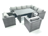 Fimous Outdoor Lounge Rattan Corner Sofa Set Garden Furniture Rectangular Dining Table Chair Dark Grey