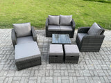 Fimous Rattan Garden Furniture Set Patio Conservatory Indoor Outdoor 7 Piece Set with Love Sofa Square Coffee Table 3 Footstools
