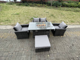 Fimous Rattan Outdoor Furniture Gas Fire Pit Rectangle Dining Table Gas Heater Chairs Two Seater Love Sofa Sets Big Footstools 5 Seater