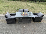 Fimous Rattan Outdoor Furniture Gas Fire Pit Rectangle Dining Table Gas Heater Chairs Two Seater Love Sofa Sets 4 Seater