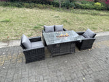 Fimous Rattan Outdoor Furniture Gas Fire Pit Rectangle Dining Table Gas Heater Chairs Two Seater Love Sofa Sets 4 Seater