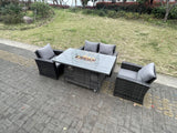 Fimous Rattan Outdoor Furniture Gas Fire Pit Rectangle Dining Table Gas Heater Chairs Two Seater Love Sofa Sets 4 Seater