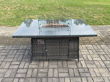 Fimous Outdoor Rattan Garden Furniture Set Propane Gas Fire Pit Table Burner with Lounge Sofa Side Tables 2 Small Footstool