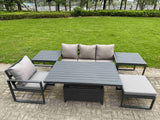 Fimous Aluminium Garden Furniture Set 6 Piece Aluminium Lounge Seating Adjustable Rising Lifting Dining Table Set with 2 Side Tables Big Footstool Dark Grey