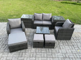 Fimous Rattan Garden Furniture Set Patio Conservatory Indoor Outdoor 9 Piece Set with Love Sofa Square Coffee Table 3 Footstools 2 Side Tables