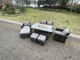 Fimous Rattan Outdoor Furniture Gas Fire Pit Rectangle Dining Table Gas Heater Chairs Two Seater Love Sofa Sets 3 Footstools 7 Seater