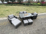 Fimous Rattan Outdoor Furniture Gas Fire Pit Rectangle Dining Table Gas Heater Chairs Two Seater Love Sofa Sets 3 Footstools 7 Seater