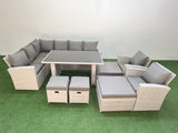 Fimous 12 Seater Wicker Rattan Corner Sofa Sets Outdoor Garden Furniture Sets with Rectangular Dining Table Lounge Sofa 4 Footstools Light Grey