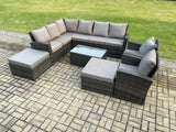 Fimous 10 Seater High Back Outdoor Garden Furniture Set Rattan Corner Sofa Sets With Rectangular Coffee Table 2 Big Footstool 2 Armchairs Dark Grey Mixed