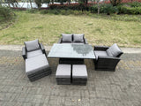 Fimous Rattan Outdoor Furniture Adjustable Rising Lifting Rectangle Dining Table Chairs Two Seater Love Sofa Sets 3 Footstools 7 Seater