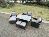 Fimous Rattan Outdoor Furniture Adjustable Rising Lifting Rectangle Dining Table Chairs Two Seater Love Sofa Sets 3 Footstools 7 Seater