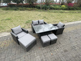 Fimous Rattan Outdoor Furniture Adjustable Rising Lifting Rectangle Dining Table Chairs Two Seater Love Sofa Sets 3 Footstools 7 Seater