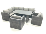 Fimous Dark Grey Outdoor Lounge Rattan Corner Sofa Set Garden Furniture Rectangular Dining Table Chair