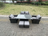 Fimous Rattan Outdoor Furniture Adjustable Rising Lifting Rectangle Dining Table Chairs Two Seater Love Sofa Sets Footstools 6 Seater