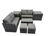 Fimous Outdoor Love Sofa Coffee Table Set Garden Rattan Furniture Set 6 Seater with 2 Small Stools 2 Side Tables Dark Grey