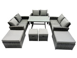 Fimous 10 Seater Wicker PE Rattan Furniture Outdoor Dining Table Double Seat Sofa 4 Stools Sets Dark Grey Mixed