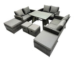 Fimous 10 Seater Wicker PE Rattan Furniture Outdoor Dining Table Double Seat Sofa 4 Stools Sets Dark Grey Mixed