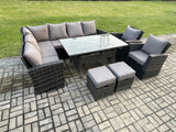 Fimous 10 Seater Garden Rattan Furniture Corner Dining Set with 2 Small Footstools Armchair Indoor Outdoor Lounge Sofa Set Dark Grey Mixed