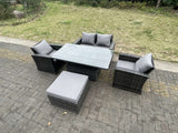 Fimous Rattan Outdoor Furniture Adjustable Rising Lifting Rectangle Dining Table Chairs Two Seater Love Sofa Sets Big Footstools 5 Seater