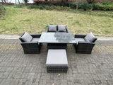 Fimous Rattan Outdoor Furniture Adjustable Rising Lifting Rectangle Dining Table Chairs Two Seater Love Sofa Sets Big Footstools 5 Seater
